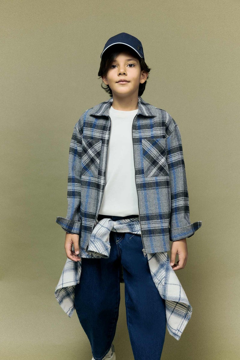 DeFacto Blue Boy Boy Polo Neck Plaid Zippered Jacket Casual - Image 1
